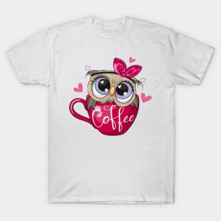 A cute owl sits in a cup with the inscription coffee. T-Shirt